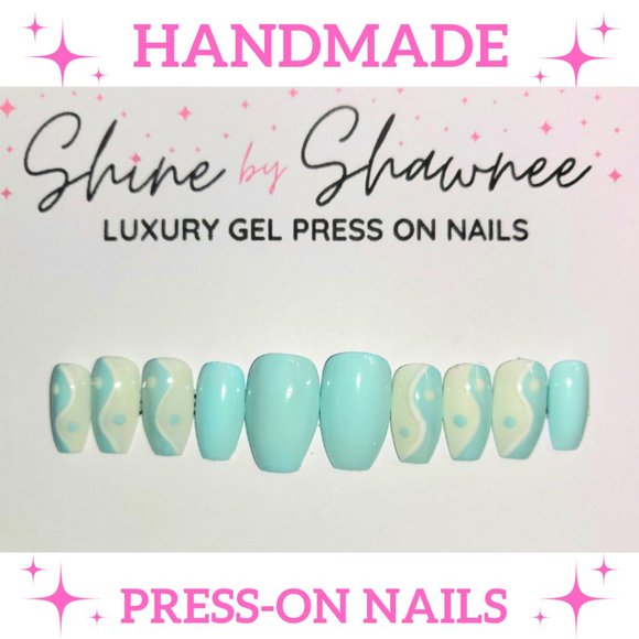 Handmade Luxury Press-On Nails | Sturdy & Reusable | Blue Ying Yang - Picture 1 of 8